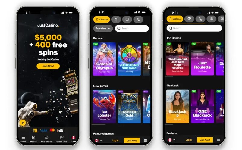 Mobile view of the JustCasino Norge online casino platform on smartphone